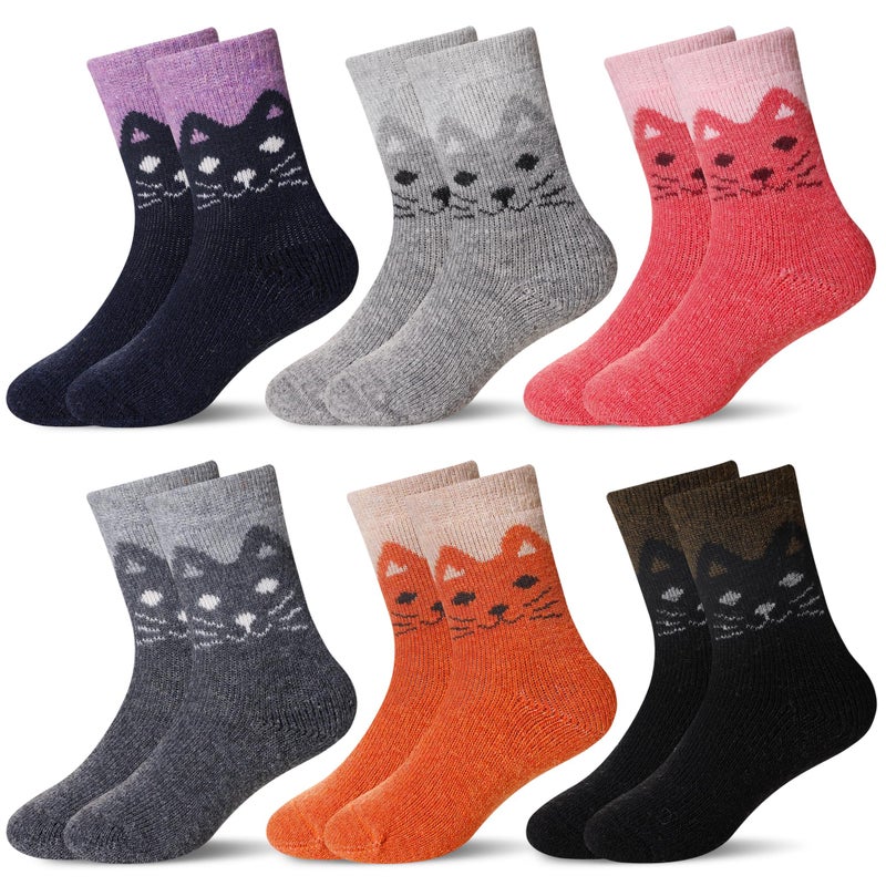 Eocom 6 Pairs Children's Winter Warm Wool Socks Kids Toddlers Boys Girls Thermal Thick Boot Cozy Crew Socks (4-7 Years, Cat) - Image 1